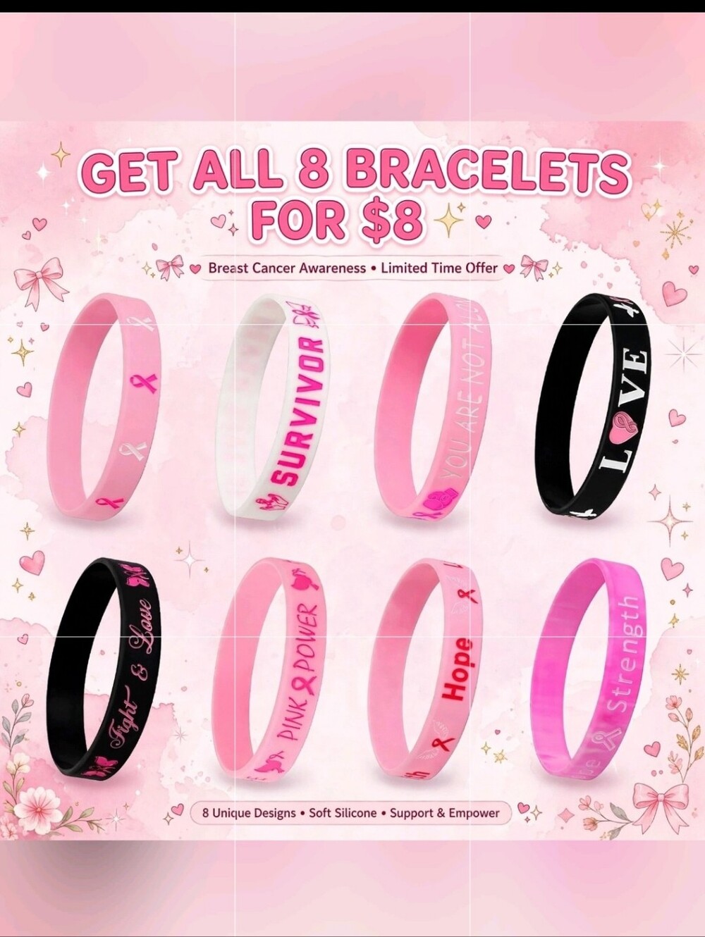 Cancer Awareness Silicone Bracelet  ( 8 Braclets Per Order)